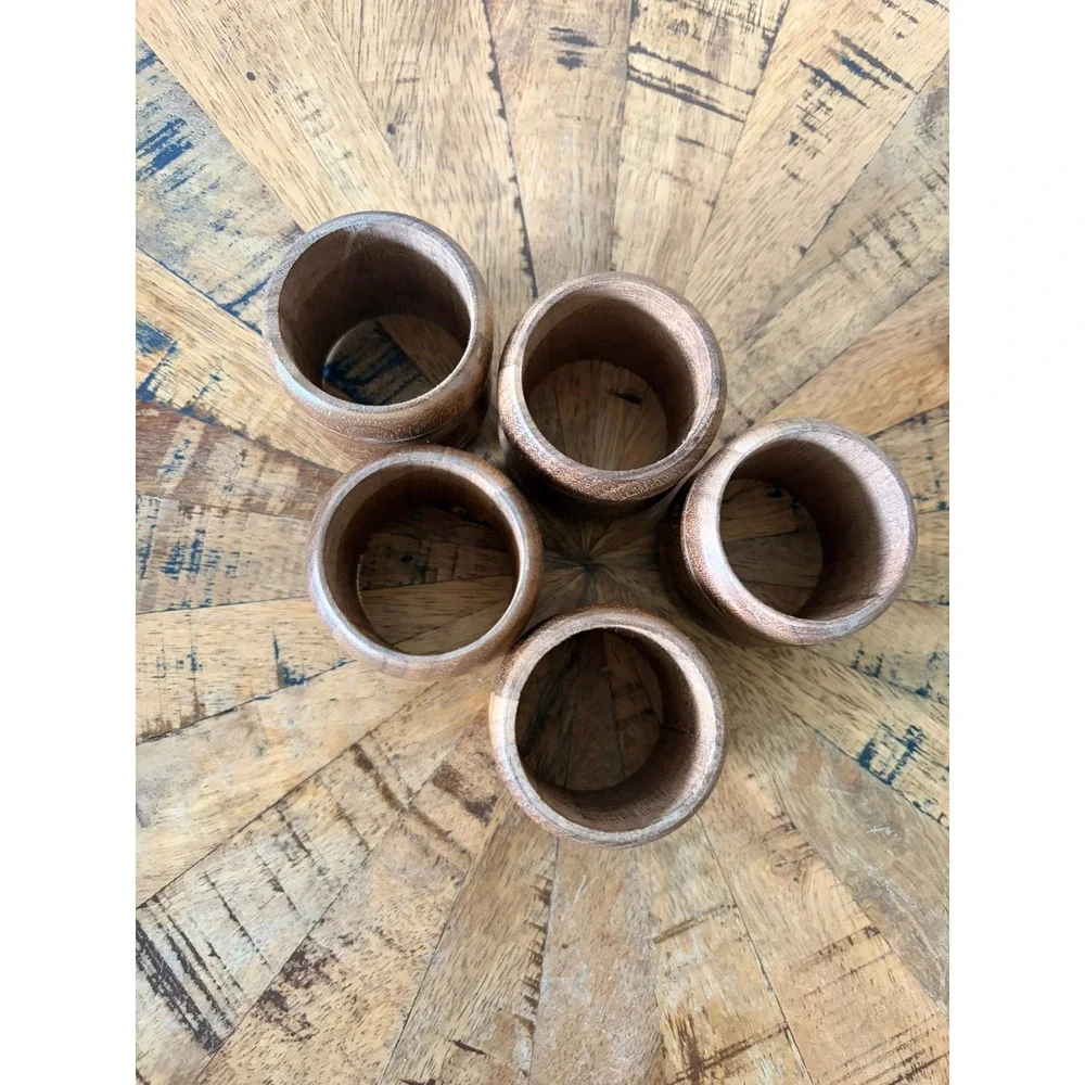 Vintage Wooden Napkin Rings Set of 5 Barrel Shape Grooved Wood Table Decor Brown